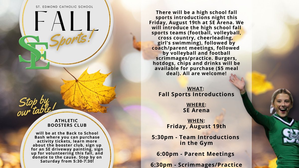 SEGaels's tweet photo. Join us Friday night for team introductions, parent meetings, and to watch our volleyball and football teams prep for next week's season openers!

#stedmondcatholicschool #fallsports #teamintroductions #athleticboostersclub https://t.co/3X38wKJnG9