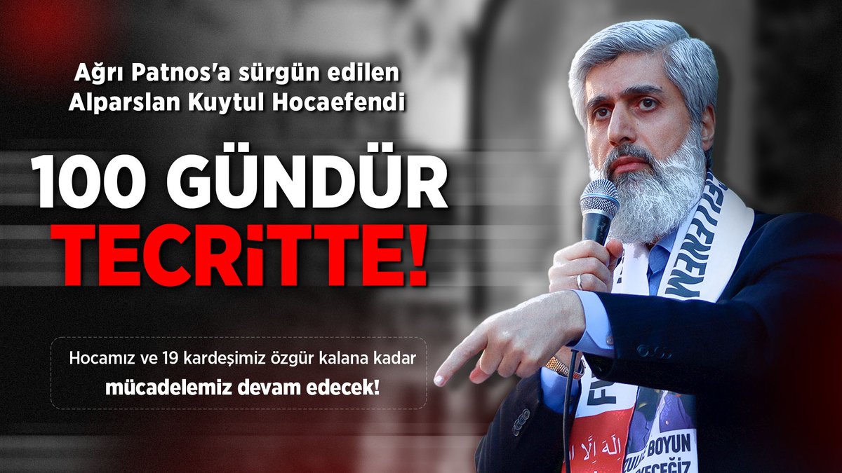 Ağrı Patnos’a sürgün edilen Alparslan Kuytul Hocaefendi 100 GÜNDÜR TECRİTTE!

#YeterArtık
#AlparslanHocayaÖzgürlük
AlparslanHocam 100Gündür
