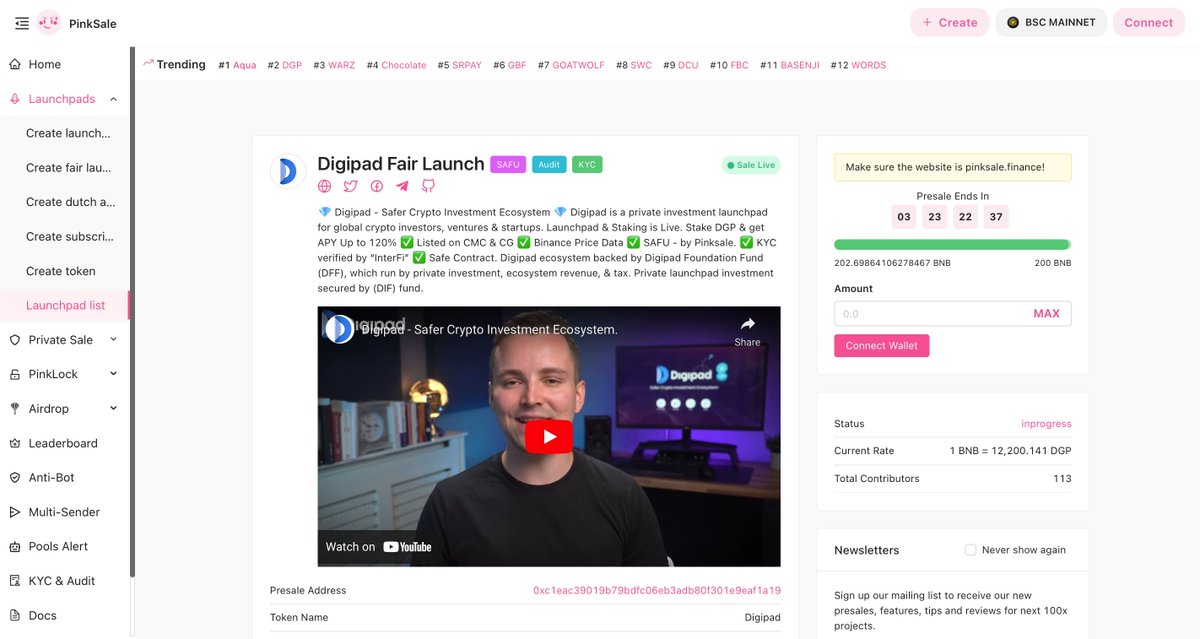 🔥 Fairlaunch Live Now 🔥

🚀 TRENDING #2 ON PINKSALE 🚀 

💎 SOFTCAP REACHED JUST IN 30 MIN 🚀
🌸 Fairlaunch Live: pinksale.finance/launchpad/0xc1…
🎯 Listed On: 
💎 CoinMarketCap: coinmarketcap.com/currencies/dig…
🐸 CoinGecko: coingecko.com/en/coins/digip…

#DGP #Binance #BinanceSmartChain #BSCGems