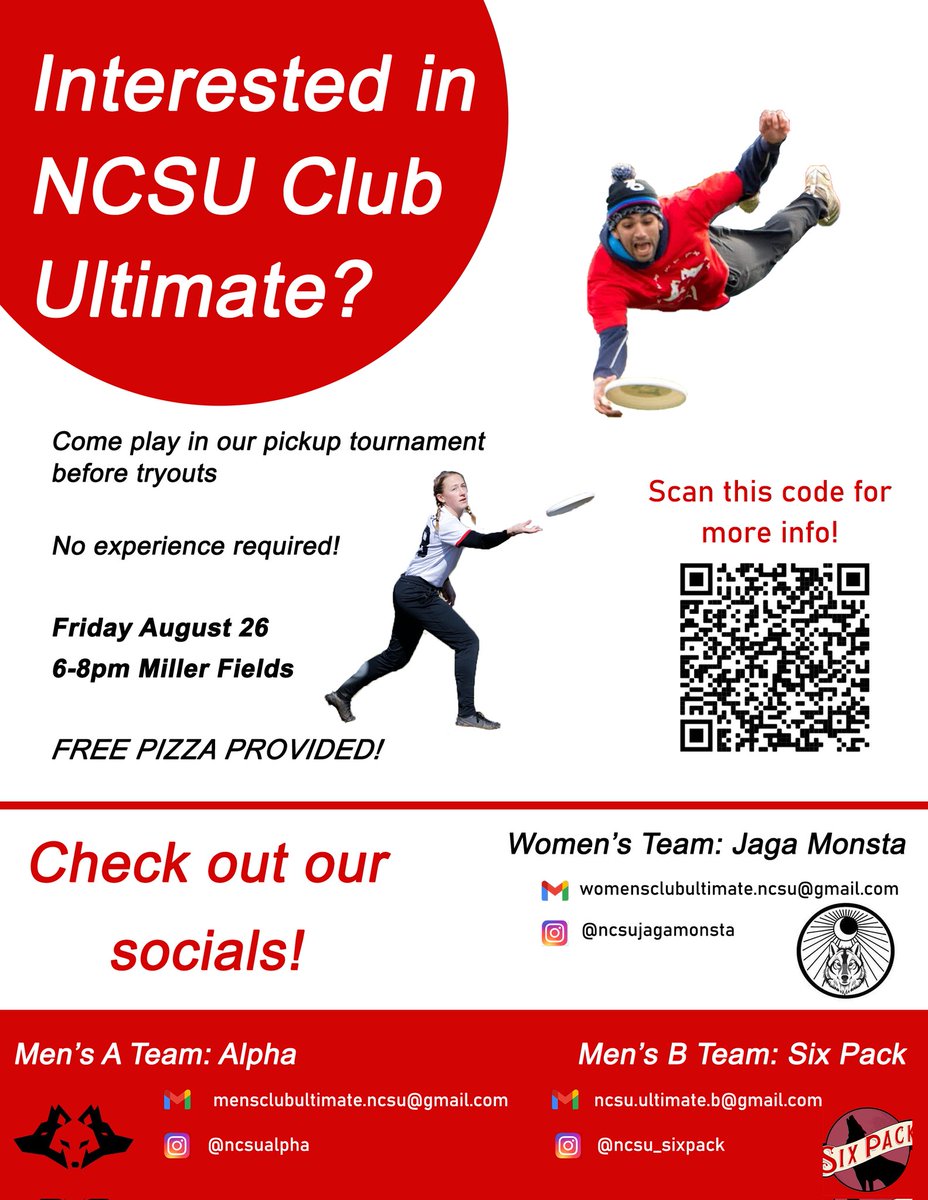 NCSUalpha's tweet image. Join us at RecFest this Sunday (8/21) and our annual Pizza Pickup on Friday 8/26! Scan the code (or click link below) to join an email list for info about tryouts week of 8/29-9/2