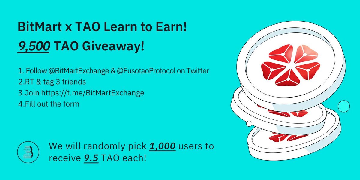 BitMart (@bitmartexchange) on Twitter photo 🚀To celebrate <a href="/FusotaoProtocol/">lowMcinvestor</a> listing, join to win 9,500 $TAO (Approx.$5,000)
1⃣Follow <a href="/BitMartExchange/">BitMart</a> & <a href="/FusotaoProtocol/">lowMcinvestor</a>
2⃣RT and tag 3frds
3⃣Join t.me/BitMartExchange
4⃣Fill forms.gle/BJZtCJePP4NGLS…
💎1000 lucky winners receive 9.5 TAO each!
⏰By 10 AM UTC August 21 🚀To celebrate <a href="/FusotaoProtocol/">lowMcinvestor</a> listing, join to win 9,500 $TAO (Approx.$5,000)
1⃣Follow <a href="/BitMartExchange/">BitMart</a> & <a href="/FusotaoProtocol/">lowMcinvestor</a>
2⃣RT and tag 3frds
3⃣Join t.me/BitMartExchange
4⃣Fill forms.gle/BJZtCJePP4NGLS…
💎1000 lucky winners receive 9.5 TAO each!
⏰By 10 AM UTC August 21