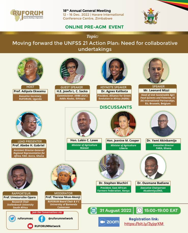 ruforumsec's tweet photo. Don't Miss this interesting @ruforumsec Pre-AGM Online Event

Topic: Moving forward the UNFSS 21 Action Plan: Need for collaborative undertakings

Registration link: https://t.co/MQKCzDhOIl
Date: 31 August 2022
Time: 15:00-19:00 EAT (Nairobi time) https://t.co/2Lv9DQeFY9