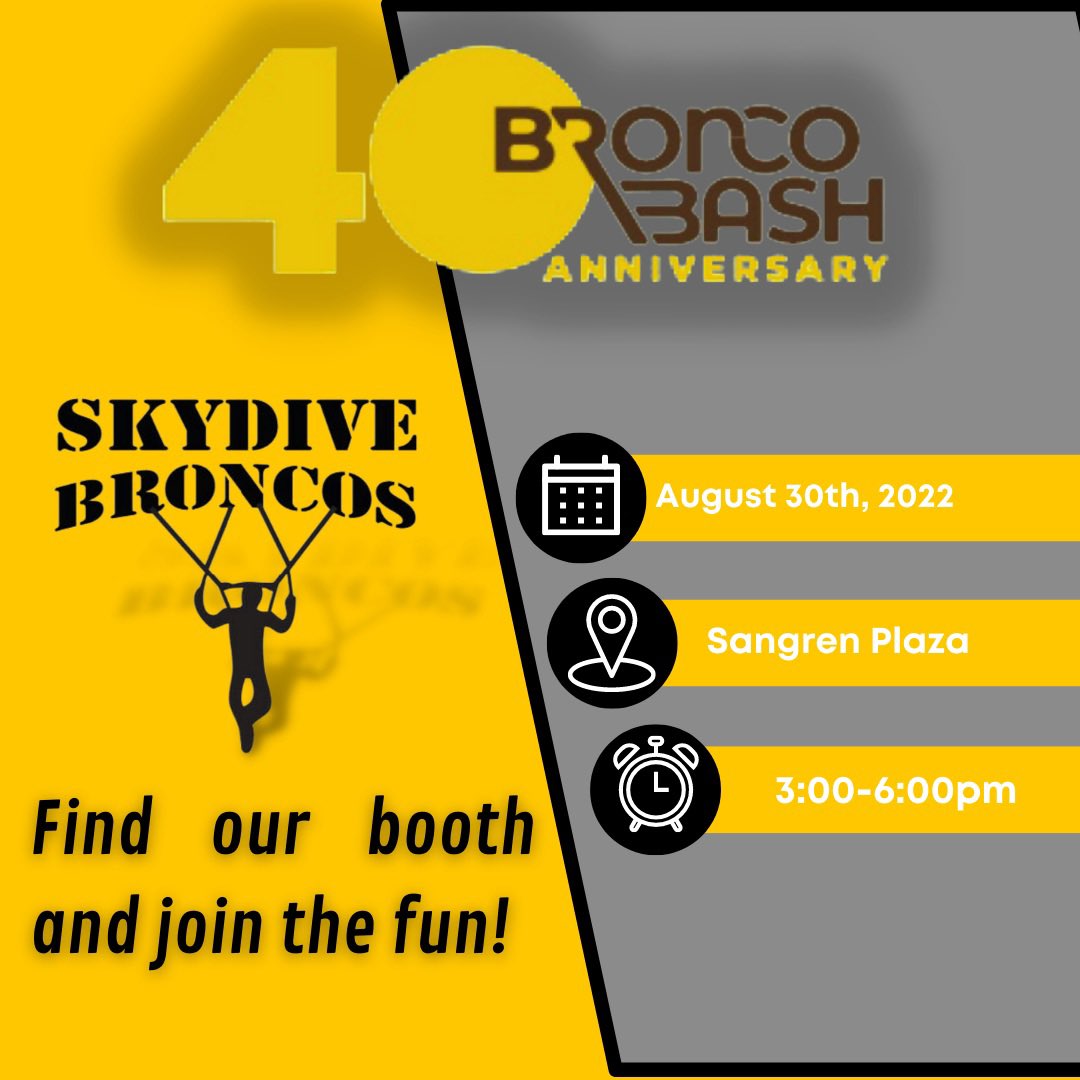 skydivebroncos's tweet photo. The Skydive Broncos will be at the 40th anniversary of Bronco Bash! Make sure to visit our booth, visit other booths, and have some fun. We can’t wait to see you there. For more information check out the Bronco Bash website at https://t.co/DRwNkqC5xd 

#broncobash #bashisback https://t.co/14aIvecNFE