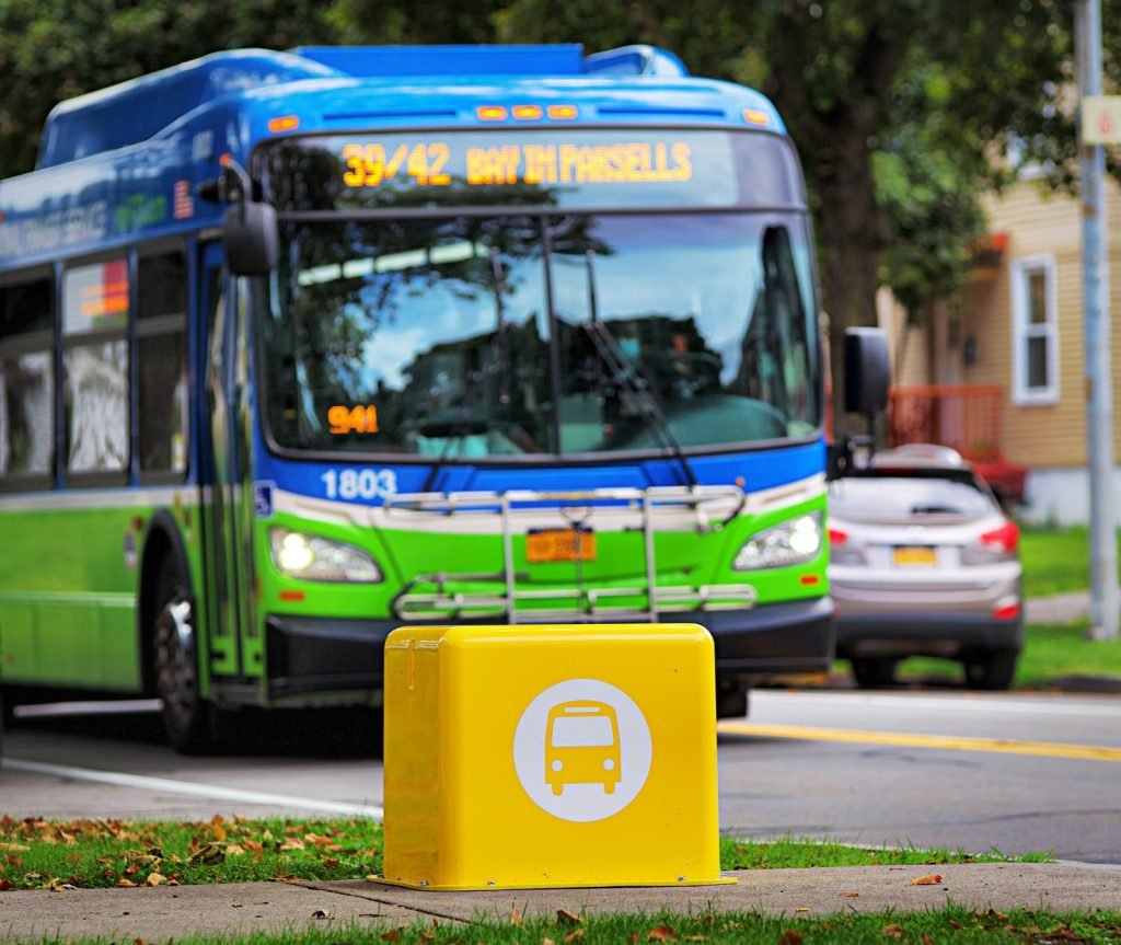 Today we celebrated the culmination of a state grant I secured to help <a href="/reconnectROC/">Reconnect Rochester</a> improve the accessibility of local bus service. Bus stop cubes are making it easier and more comfortable for our residents to ride public transportation 🟥🟨🟩🟦🚌