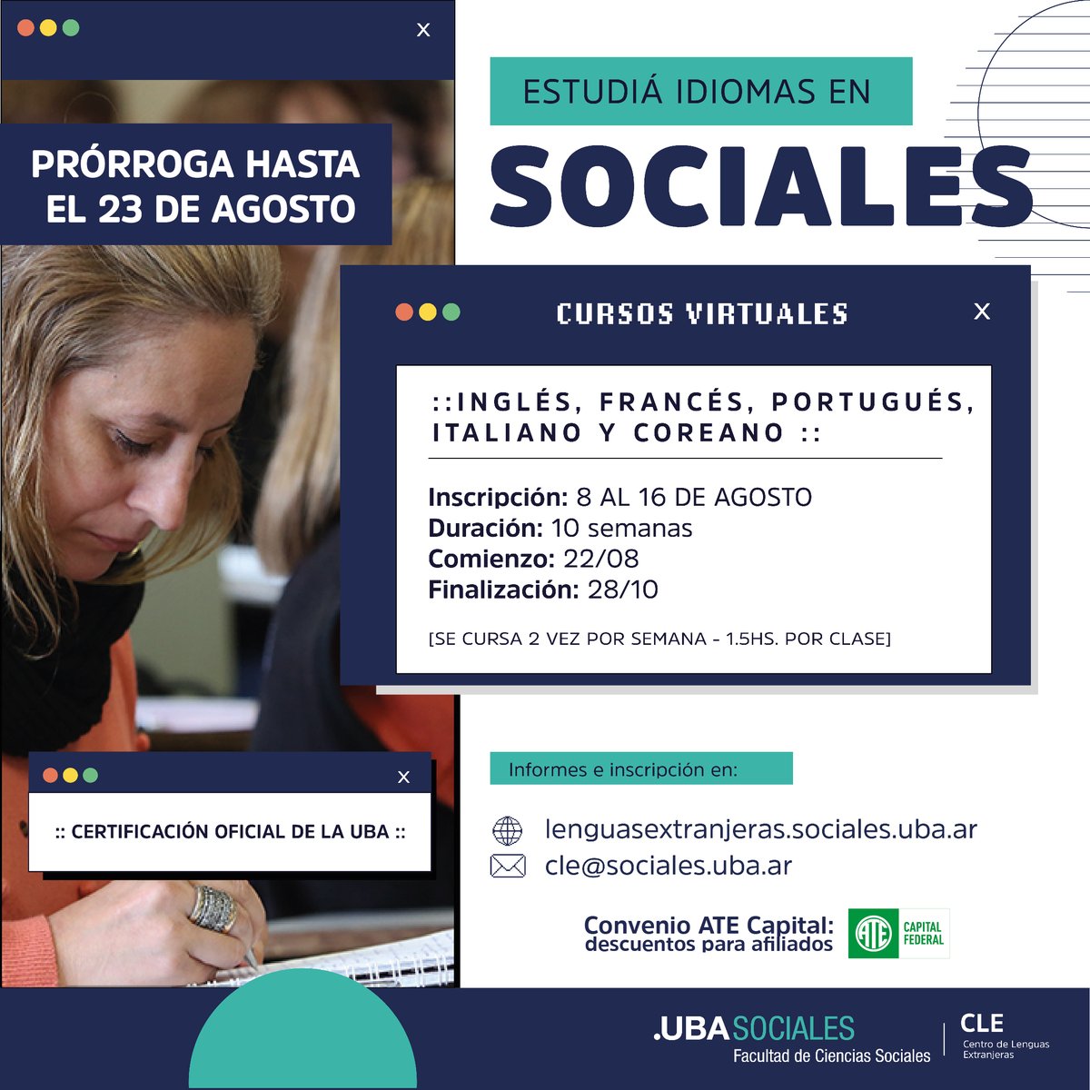 ¡Continúa la inscripción a los cursos de idiomas hasta el 23 de agosto!

🗓️Inicio: 29 de agosto
👉Información e inscripciones: lenguasextranjeras.sociales.uba.ar/cursos-virtual…