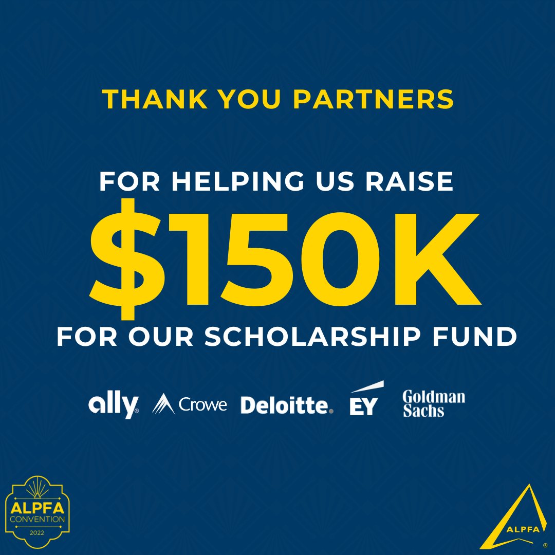 alpfa's tweet photo. On this National Non-profit day, we would like to thank our partners @Ally, @CroweUSA, @Deloitte, @EYnews, and @GoldmanSachs for helping us raise $150K for our scholarship fund during our convention in Orlando, Florida. Thank you for supporting our ALPFAmilia!
#ALPFA50 #ALPFACon https://t.co/2FiAi4Da5K