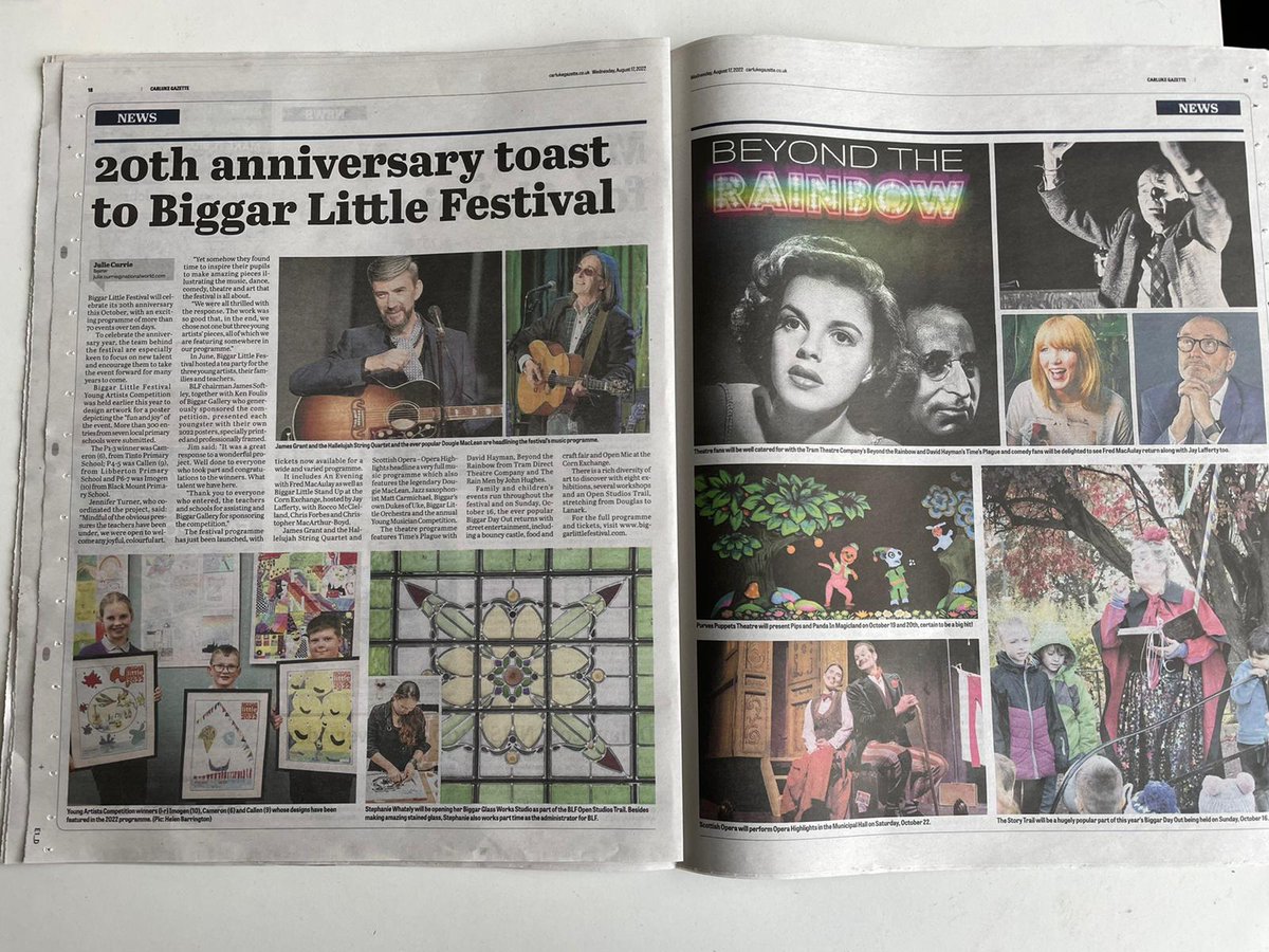 Our headliners have ....made the headlines!  Carluke &amp; Lanark Gazette has a great feature by Julie Currie on our 20th Anniversary celebration of Biggar Little Festival.  For the full programme and tickets, visit biggarlittlefestival.com
#biggar #community #arts #festival #BLF2022