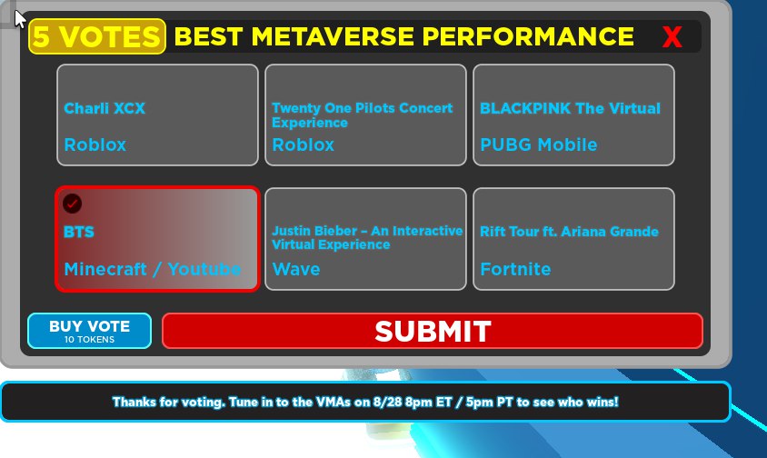 BANGT4NBEST's tweet photo. —Para la categoría de "Best Metaverse Performance" en los #VMAs donde BTS esta nominado se puede votar también por roblox abajo les dejo tutorial es fácil y rápido @BTS_twt 

I vote #MyUniverse #BTSKpop #BTS #Army at the #KCAMexico (@BTS_twt) https://t.co/yIwF5w3hTM