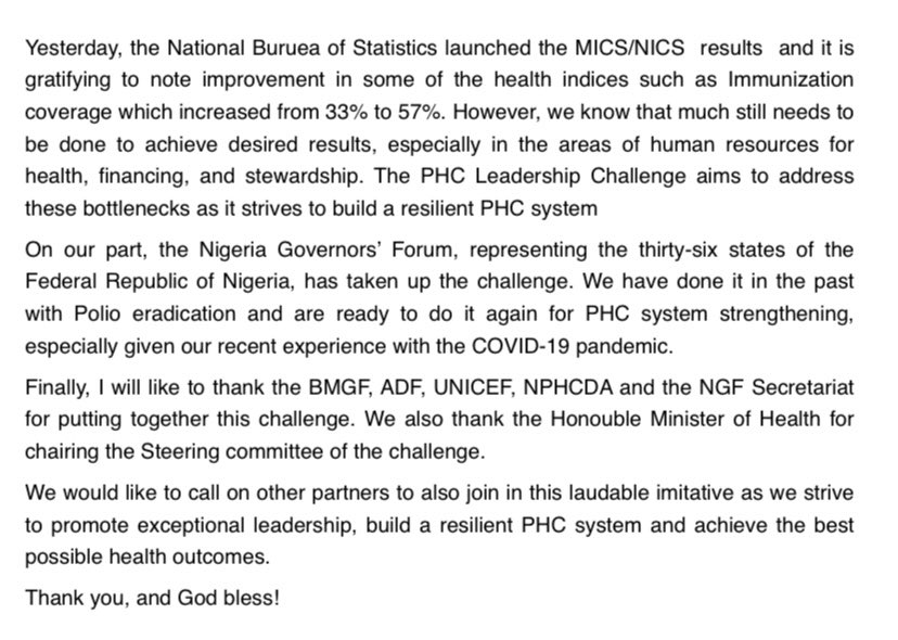 REMARKS AT THE LAUNCHING OF THE PHC LEADERSHIP CHALLENGE 

Presidential Banquet Hall, Abuja  |  17 August 2022

Full Text Here: facebook.com/10004448436740…