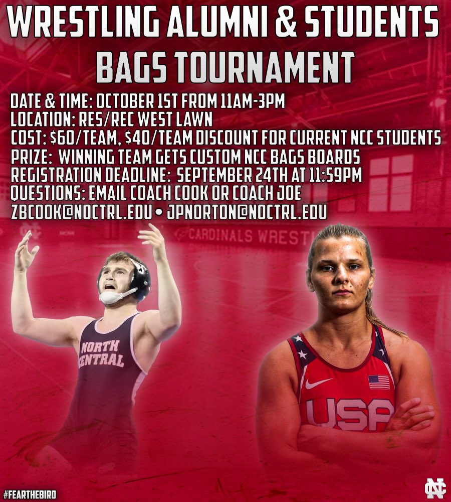 CoachNortonNCC's tweet photo. Join us on Homecoming October 1st for a fundraiser bags tournament to benefit @NCCwrestling and @NCCwomensWR!

Register here: https://t.co/JFKCk0cbXC https://t.co/TwS75FRjph