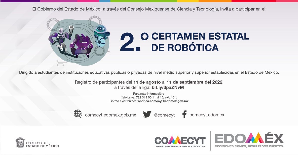 Belemvera2's tweet photo. Participa en el Segundo Certamen Estatal de #RoboticaComecyt 2022 en alguna de las Sedes Regionales. 
¡Regístrate aquí tu robot! https://t.co/NH3ZhWa4Yq
Más información en https://t.co/sz9wwgOeR3 
#COMECYT #SCER #Edoméx https://t.co/rmAmioF5rX