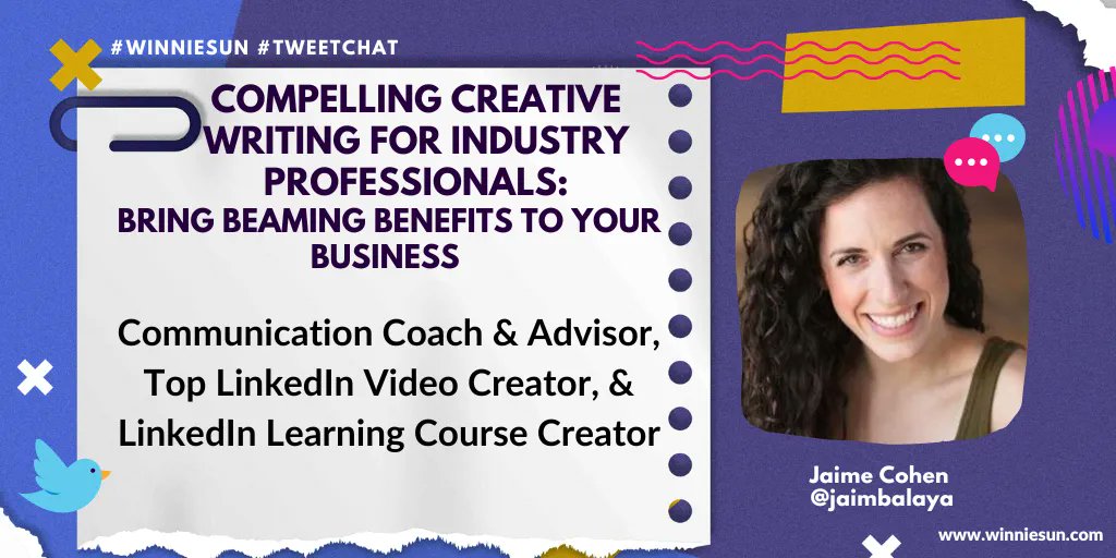 I'm thrilled to welcome <a href="/jaimbalaya/">Jaime Cohen | Communication Coach & Advisor 💪</a> back to the #WinnieSun #Tweetchat! Thanks so much for sharing your thoughts with us today Jaime!