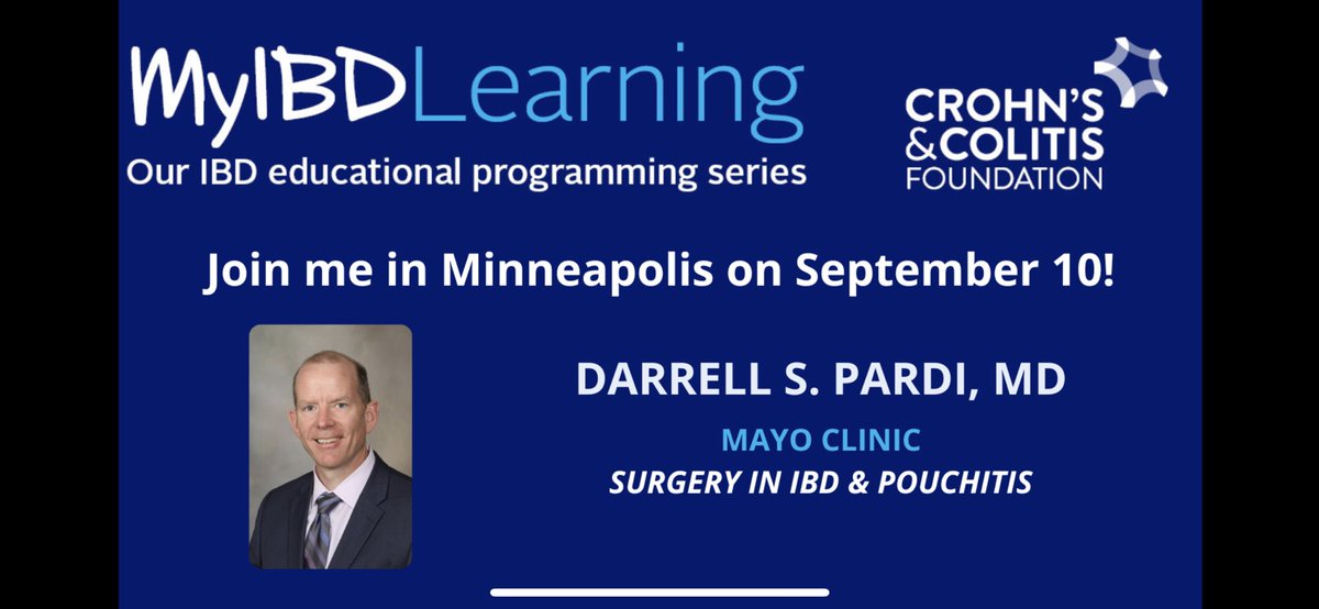 Join me in Minneapolis on 9/10 at the #MyIBDLearning Midwest Regional Patient and Caregiver Conference, where I will be presenting on surgery in #IBD.  Register today:
myibdlearningmidwest.org