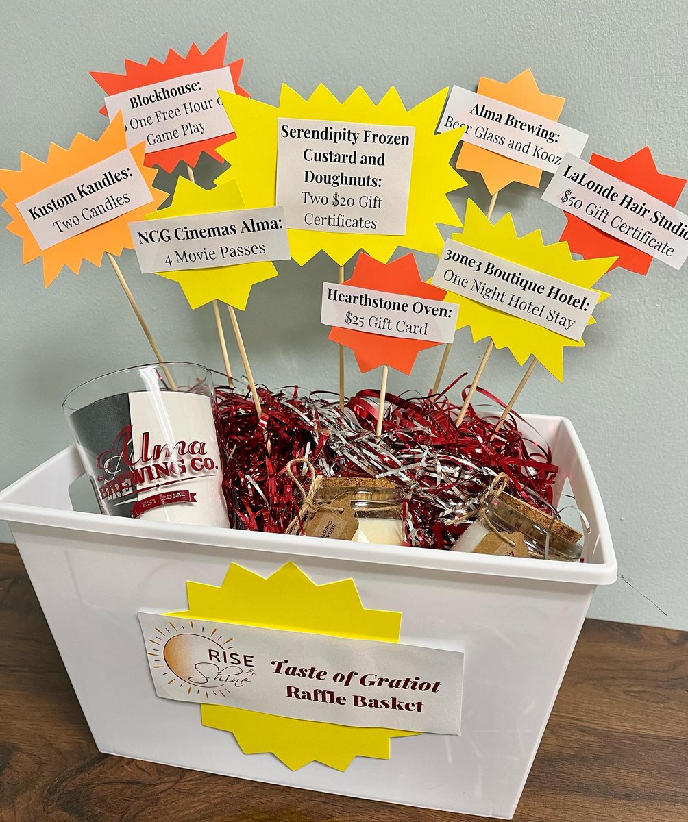RISE_Advocacy's tweet photo. Raffle Basket #2: Taste of Gratiot County!

Raffle Tickets are $5 per ticket to enter this basket, alongside the 3 others. To purchase your raffle tickets today visit: https://t.co/p8GmKkmVvO.

Thank you Gratiot Co. businesses for your support of our mission!

#togetherwerise https://t.co/94Oe5MdX8a