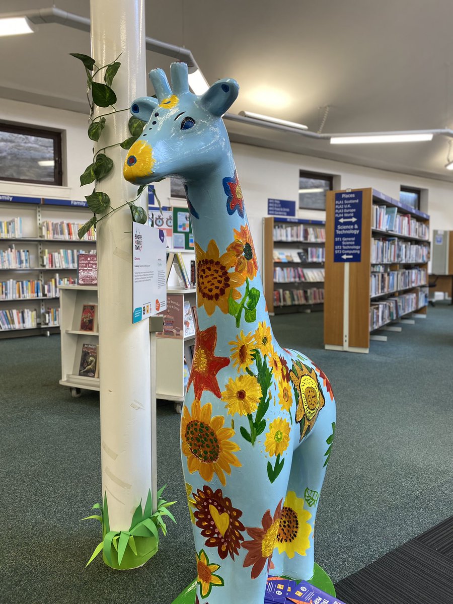 PortyLibrary's tweet photo. If you happen to oot &amp; aboot in Piershill, check out Gemma the Giraffe at #PiershillLibrary as part of #GiraffesAboutTown 

She’s looking swish &amp; floral as all get out so come along and ✅ her off your🦒🗺! ❤️❤️❤️

One does wonder where @PortyLibrary’s 🦒 is however? #notjealous https://t.co/rgNjaTuCK2