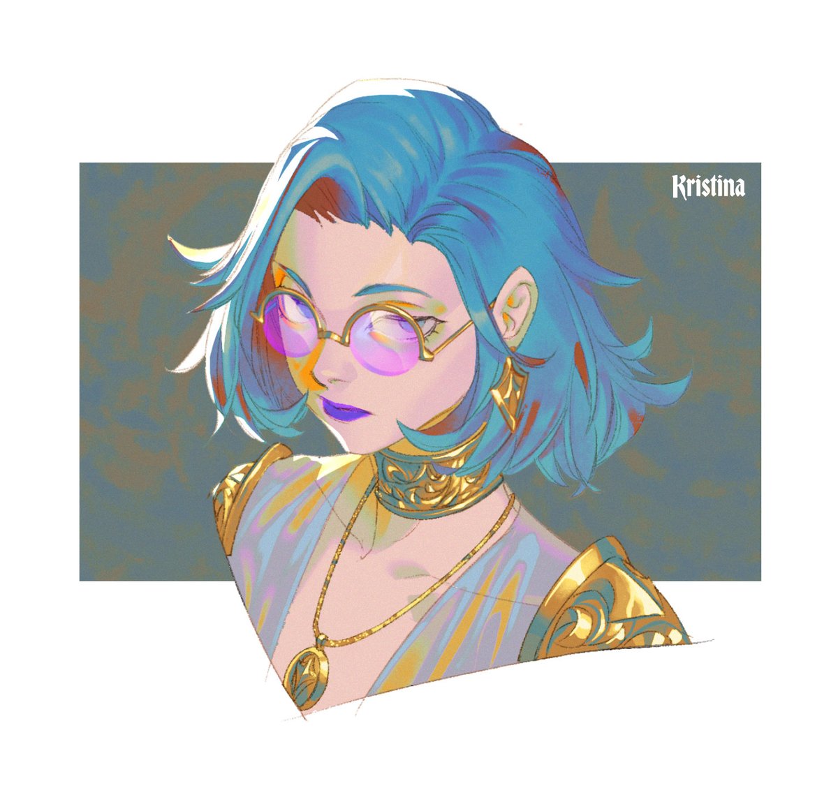 1girl solo jewelry blue hair necklace tinted eyewear short hair  illustration images
