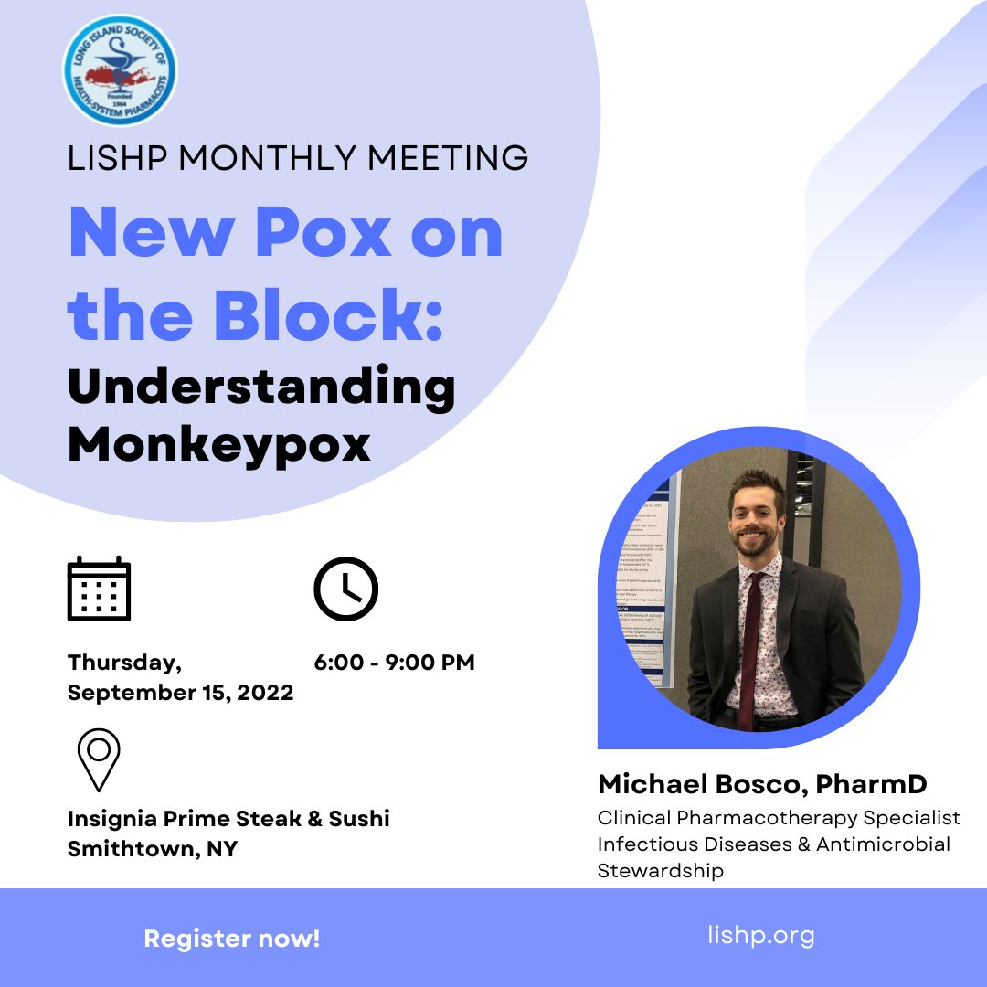 We are so excited for our first meeting of the 2022-2023 year! Our educational program titled 'New Pox on the Block: Understanding #Monkeypox' will be presented by @theIDPharmD Register now! #pharmacist #healthsystempharmacist #pharmacytechnician #NYSCHP