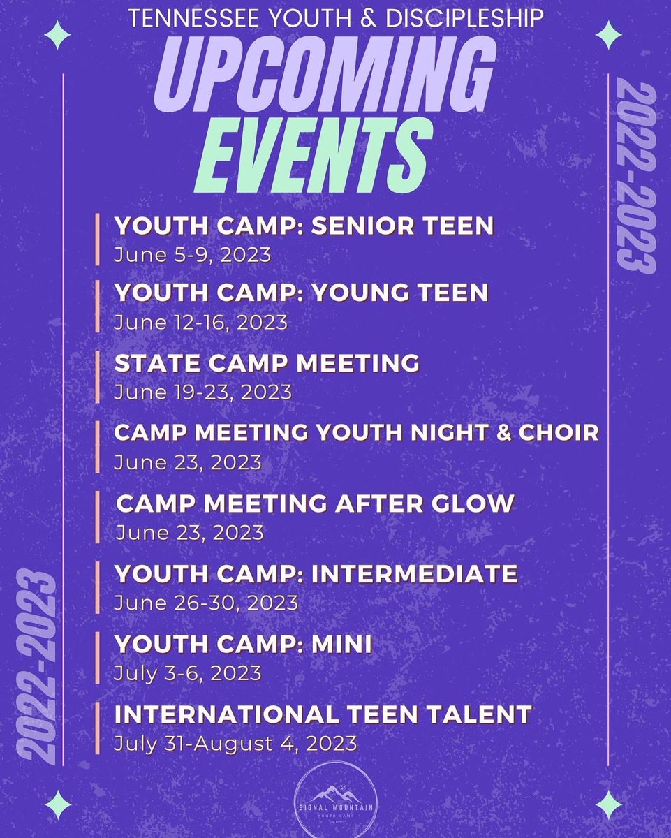 2022-2023 Tennessee Church of God Youth and Discipleship Calendar. 
Save the Dates!