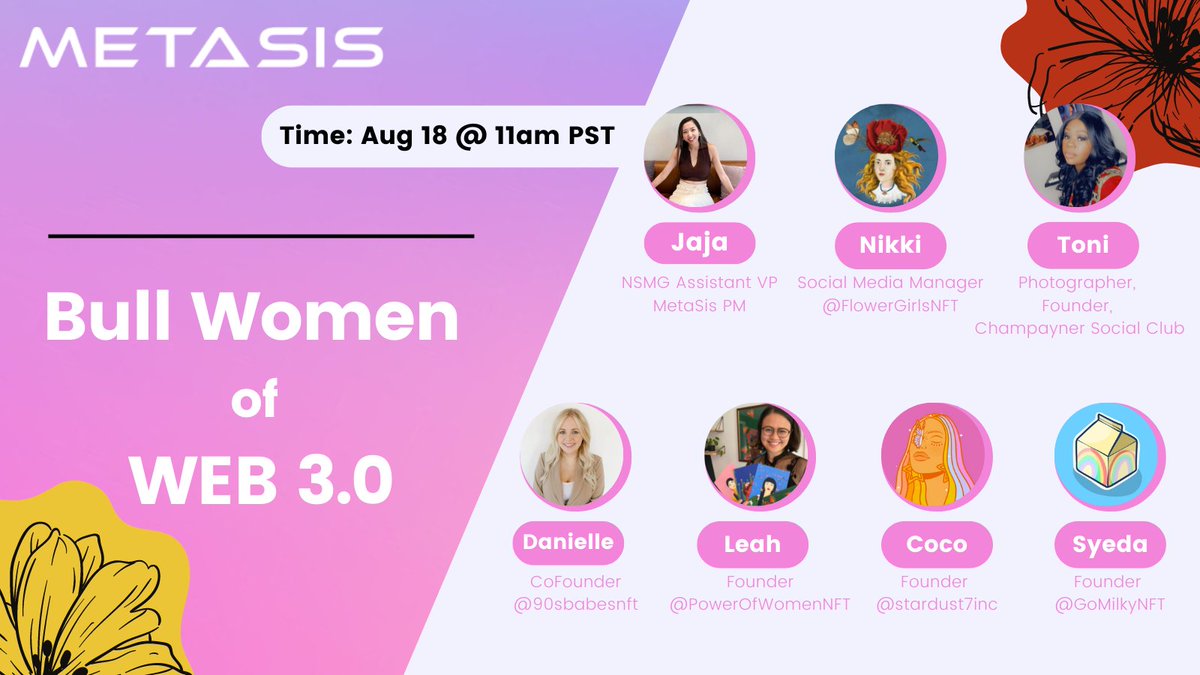 AokixTheUntamed's tweet photo. 💗 OUR FIRST EVER TWITTER SPACE is happening tmr w/ @FlowerGirlsNFT @tonipayne @90sbabesnft @PowerOfWomenNFT @stardust7inc @GoMilkyNFT 

💃 Join our talk w/ the BULL women of Web3.0 and learn how they have been tackling through the 🐻 market 

🚨 Turn on reminder &amp; see you there https://t.co/Wot61wyley