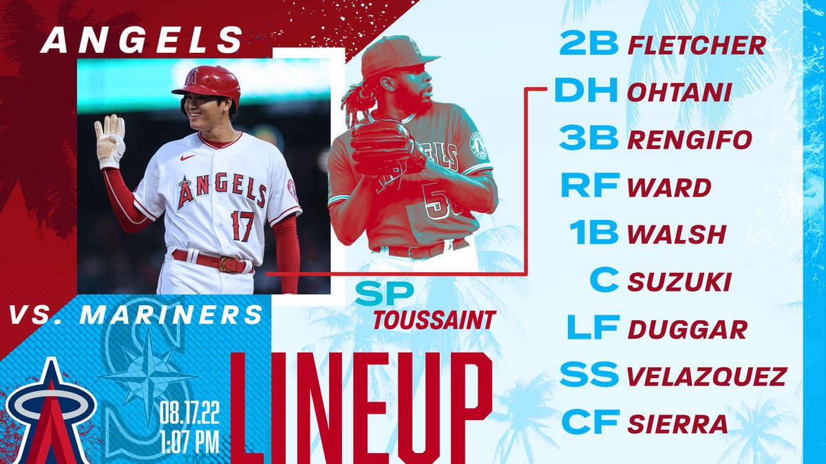 August 17 lineup: 2B Fletcher, DH Ohtani, 3B Rengifo, RF Ward, 1B Walsh, C Suzuki, LF Duggar, SS Velazquez, CF Sierra, P Toussaint