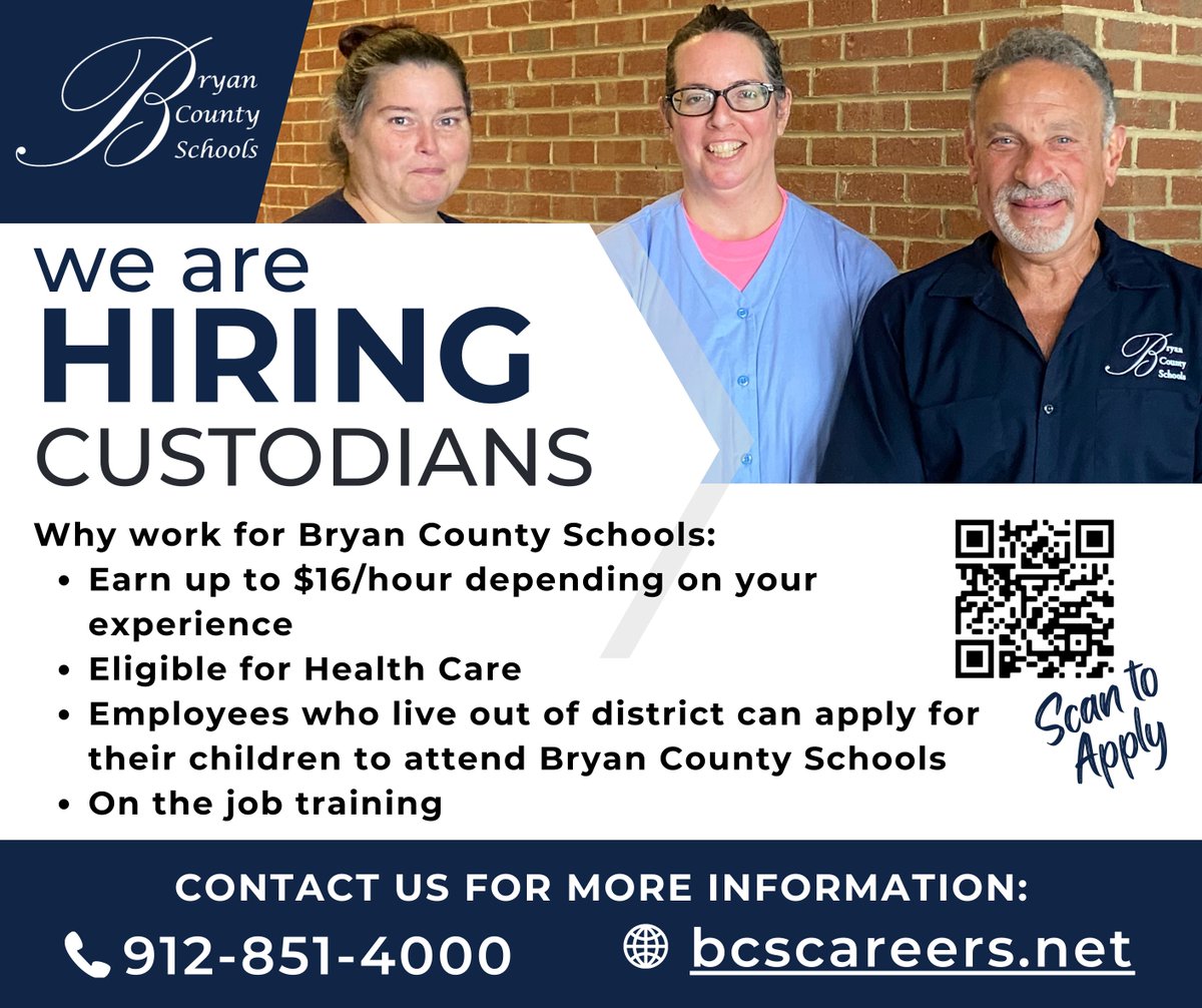 <a href="/BryanCoSchools/">Bryan County Schools</a> is now hiring Custodians. Visit bcscareers.net to apply.