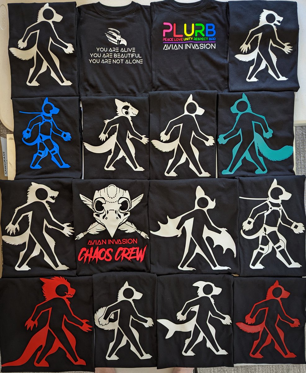 Mythimorph's tweet photo. Last big batch of shirts finished from yesterday & today!
Notice: I will be out of town for the next two weeks for DenFur (vending) & Furrydelphia (vacation). Handmade merch work will resume in September, but I can fulfill pocket shirt orders remotely. #Metamorphics #Furry https://t.co/UpP780rn5i