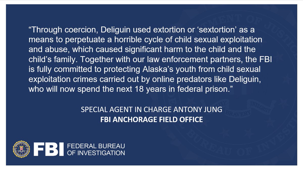 A Kodiak man was sentenced to 18 years in federal prison for sextortion and child sexual exploitation crimes. @USAO_AK press release: ow.ly/wqy050Kmcwk 

Learn more about sextortion, including what kids and caregivers need to know: ow.ly/auTJ50Kmcwl #StopSextortion
