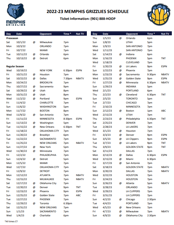 GrizzliesPR's tweet photo. The NBA today announced @memgrizz's 2022-23 regular season schedule.
🏀 Regular season opener on 10/19 vs @nyknicks at FedExForum.
📺 Franchise-record 18 national TV games on ABC, ESPN and TNT.
🎟️ Tickets for all single games go on sale today at 5 p.m. on https://t.co/ceNysVxMlX. https://t.co/CQhN0Fz49Q