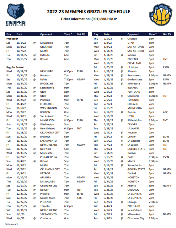 Printable 2021-2022 Memphis Grizzlies Schedule