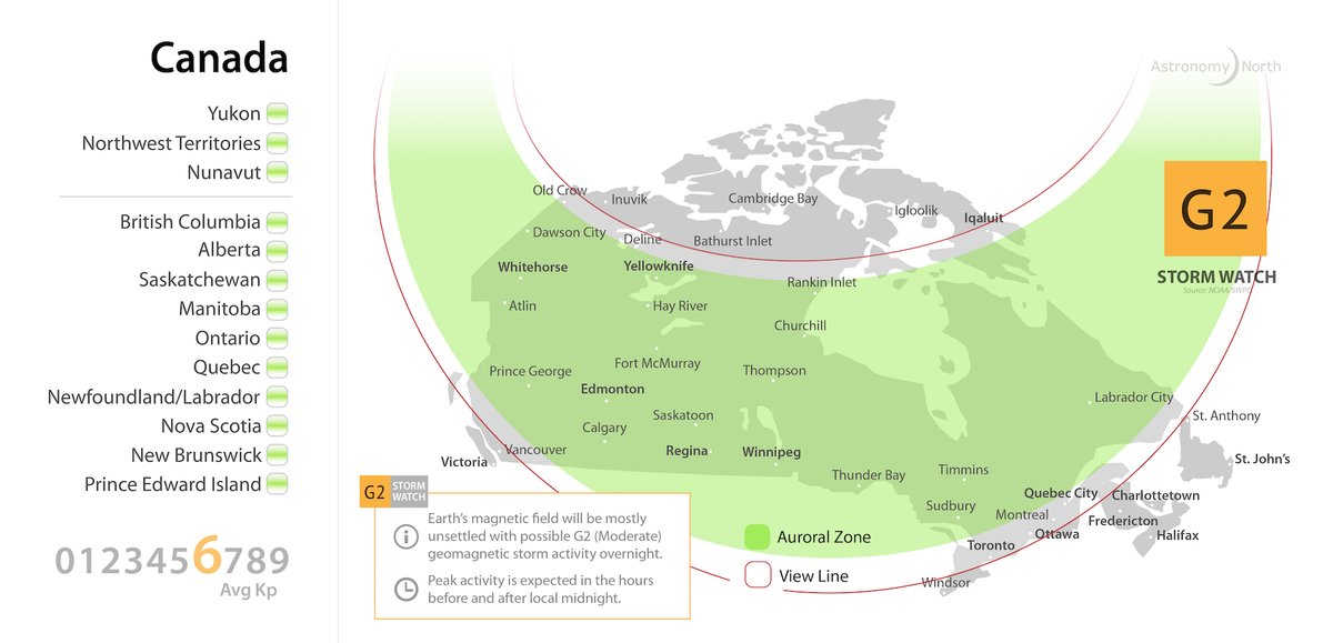 ACTIVE SKIES AUG 17-19 • Observers in YT NT NU be on alert for active auroras tonight. A 72hr G1-G3 Storm Watch is now in effect following a series of Earth-directed CMEs. See the latest aurora forecast for northern Canada here: astronomynorth.com/aurora-forecas… <a href="/CBCNorth/">CBC North</a> <a href="/CabinRadio/">Cabin Radio</a>