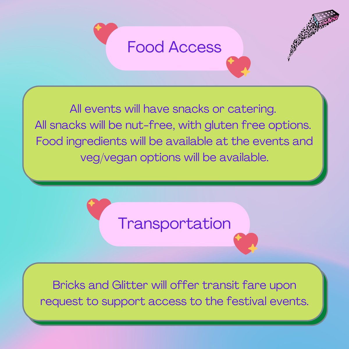 BricksGlitter's tweet photo. 💕Check out our Community Care practices! ~continued💕
We want people to show up feeling safer. DM or email with any questions ✨

✨Bricks &amp; Glitter 2022 Festival✨
📅August 20-Sept 2, plus one Fall date TBA

🌃🌃🌃
#trans #queer #black #indigenous #brown #2spirit https://t.co/25tsunldR5