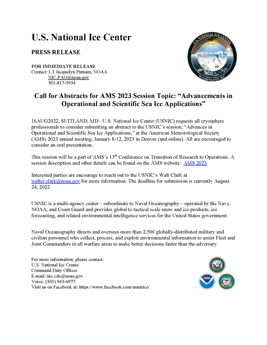 usnatice's tweet photo. Calling all #cryosphere professionals! USNIC will be hosting an advancements in operations and applications session at #AMS2023 and wants YOU to submit an abstract or presentation. See below for more details -- abstracts are due August 24th. https://t.co/fxBnwpP9hm