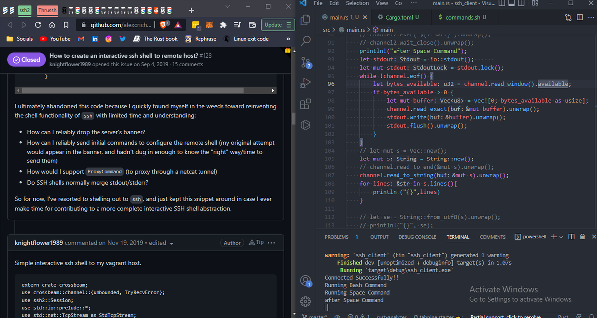 Shaheer_CODE's tweet photo. Day46 of #100daysofcode: Today I spent most of my day trying to find a solution to display the output stream of commands as they are shown on putty.
#rust #rustlang #rustdeveloper #sshclient #ssh #linux #vps #backend #backenddeveloper #100daysofcodechallenge #programmer #coding https://t.co/MiKVtaFiSx