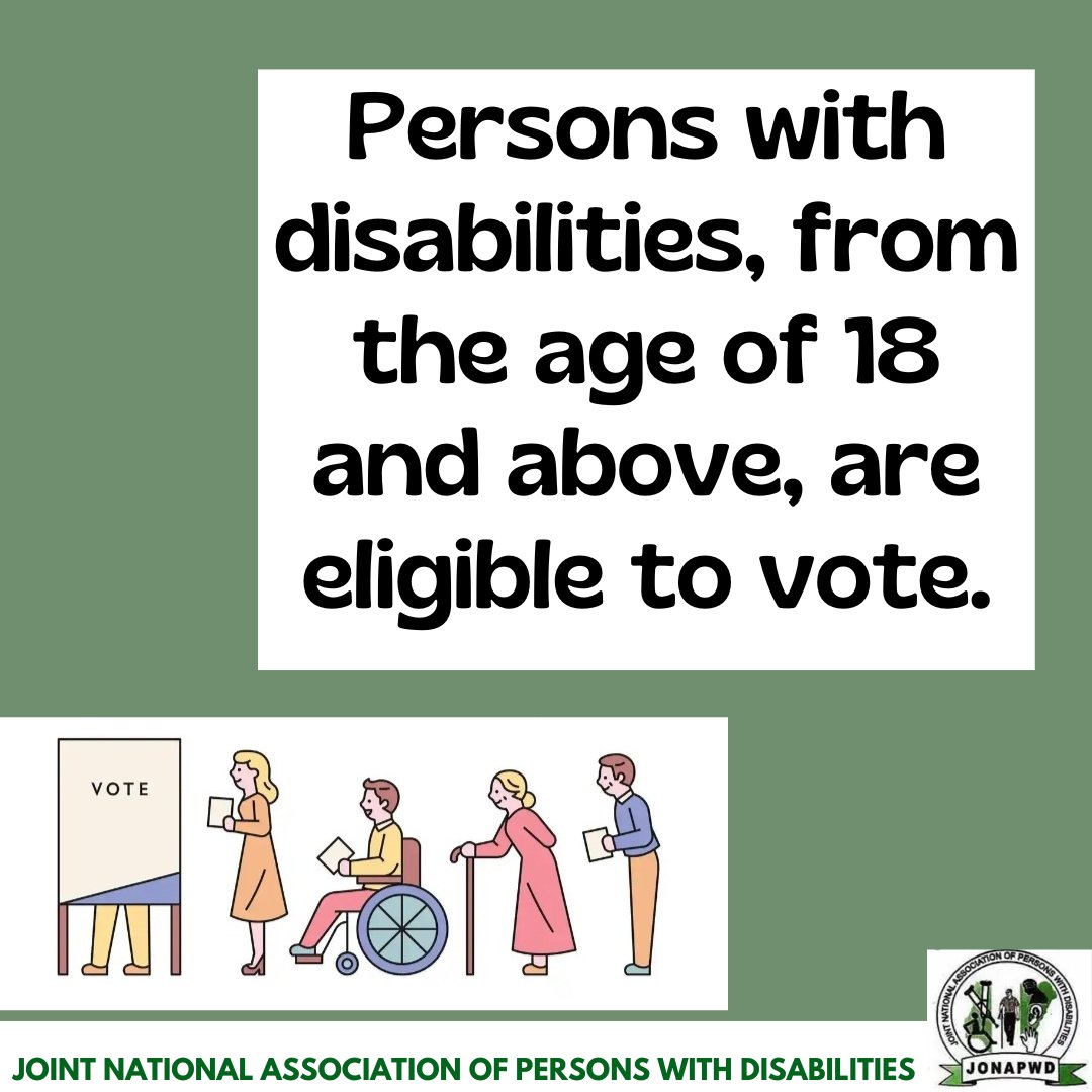 JonapwdNg's tweet photo. Persons with disabilities, from the age of 18 and above, are eligible to vote.

#jonapwd #righttovote #righttopolicticallife #inec #accessibility #2023election 
#disabilityinclusionng 
@JonapwdNational https://t.co/FyP6SkMKKG