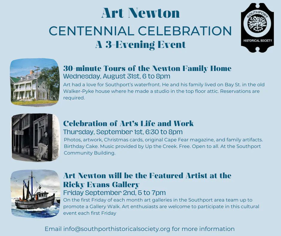 CityofSPT's tweet photo. Please consider joining the Southport Historical Society for their upcoming three-day program, “Art Newton Centennial Celebration.” To learn more, please visit: https://t.co/ZQXBPdiyPO https://t.co/nxYzS7Sccn