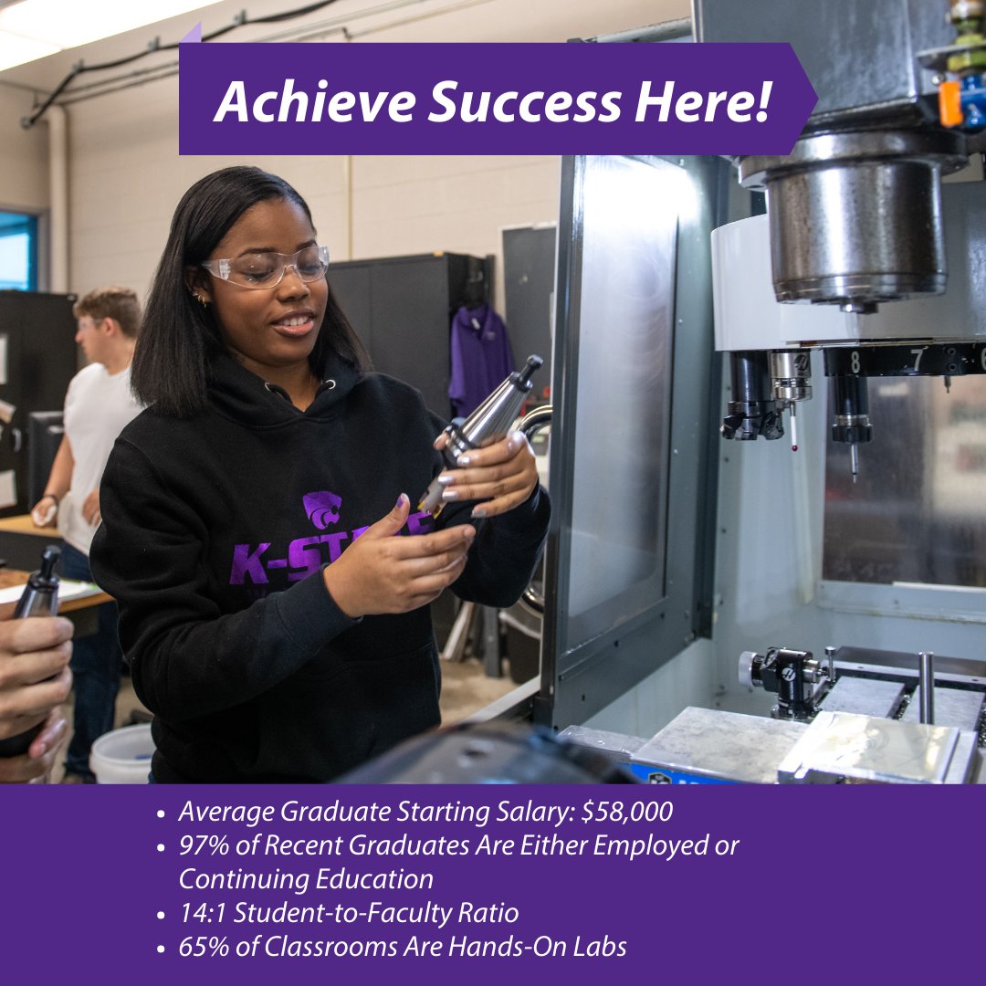 KSU_Salina's tweet photo. Achieve success at #KStateSalina!

Thanks to our hands-on approach and small class sizes, our students have found big success in their professional careers after college. Here are some stats to showcase our past students' success!

#ExperienceMatters #CountdownToCampus https://t.co/jtBlKol7wo