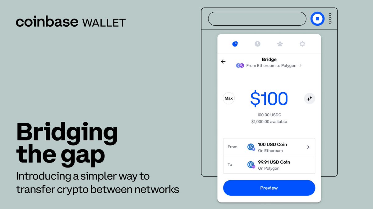 1/ Ready, set, bridge 👇 Coinbase Wallet users can now bridge assets  between @ethereum and @0xPolygon directly in the browser extension ✓ Fewer  steps ✓ Fewer dapp connections ✓ No Coinbase fee* *