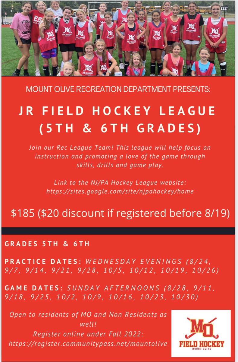 5th &amp; 6th grade Fall MO JR Field Hockey League NOW AVAILABLE! Registration is OPEN! Practices will run on Wednesdays and games will be played on Sundays. Please share the link with your friends! 🤗🏑<a href="/MOHSMarauders/">Mount Olive Marauders Athletics</a> <a href="/PrincipalMOHS/">Mount Olive High School</a> <a href="/ZywickiR/">Dr. Robert R. Zywicki</a>