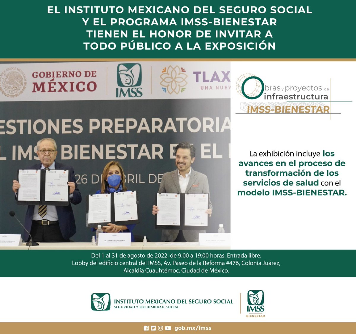 Visita durante el mes de agosto la exposición “Obras y proyectos de infraestructura #IMSSBIENESTAR” en el lobby del edificio central de @Tu_IMSS. Entrada libre. ¡Te esperamos!