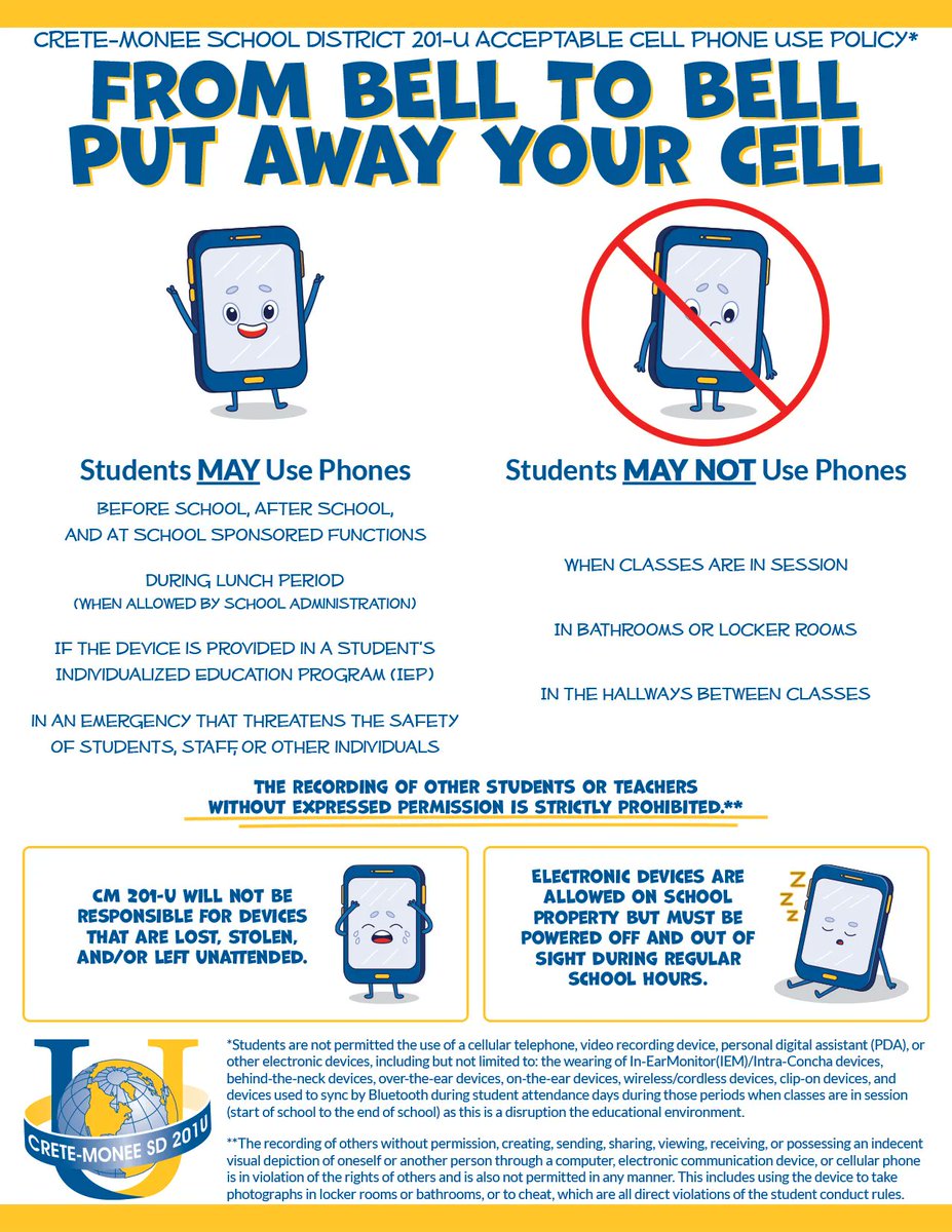 CM201U's tweet photo. CM 201-U has updated its Acceptable Cell Phone Use Policy. This updated policy allows students to possess electronic devices while on school properties but must have them powered off and out of sight during regular school hours. https://t.co/lMFmIQ9RdQ