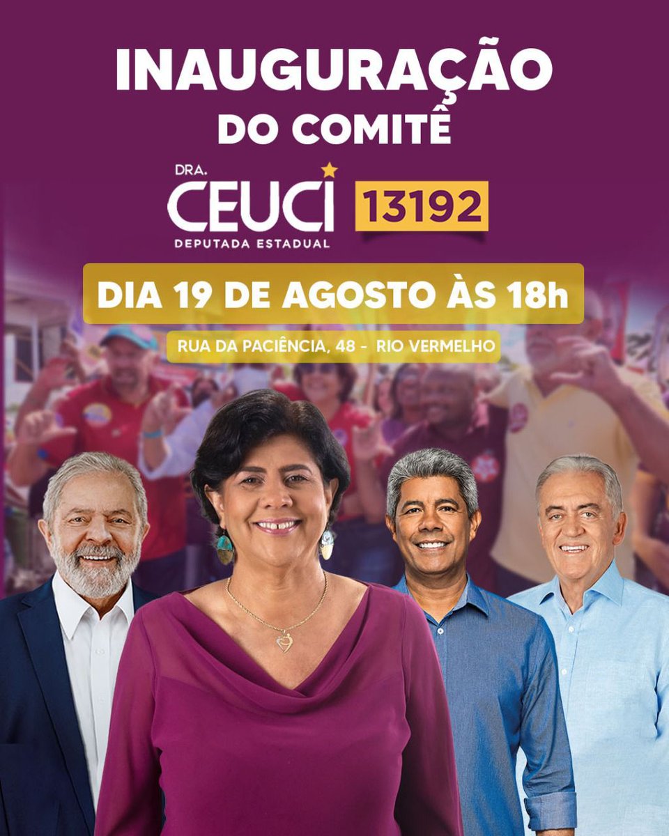 NunesCeuci's tweet photo. É nesta sexta-feira! 💜👩🏽⚕️
Inauguração do Comitê #13192 em Salvador.
📍 Vamos nos encontrar às 18h, na Rua da Paciência, 48, Rio Vermelho.
.
#DraCeuci #Ceuci #DraCeuciNunes
#DraCeuci13192
#13192 #Lula2022
#LulaLáJeronimoCá https://t.co/ot44xc5qPE