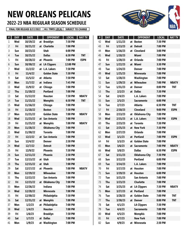 Dallas Mavericks Schedule 2022-23 Printable