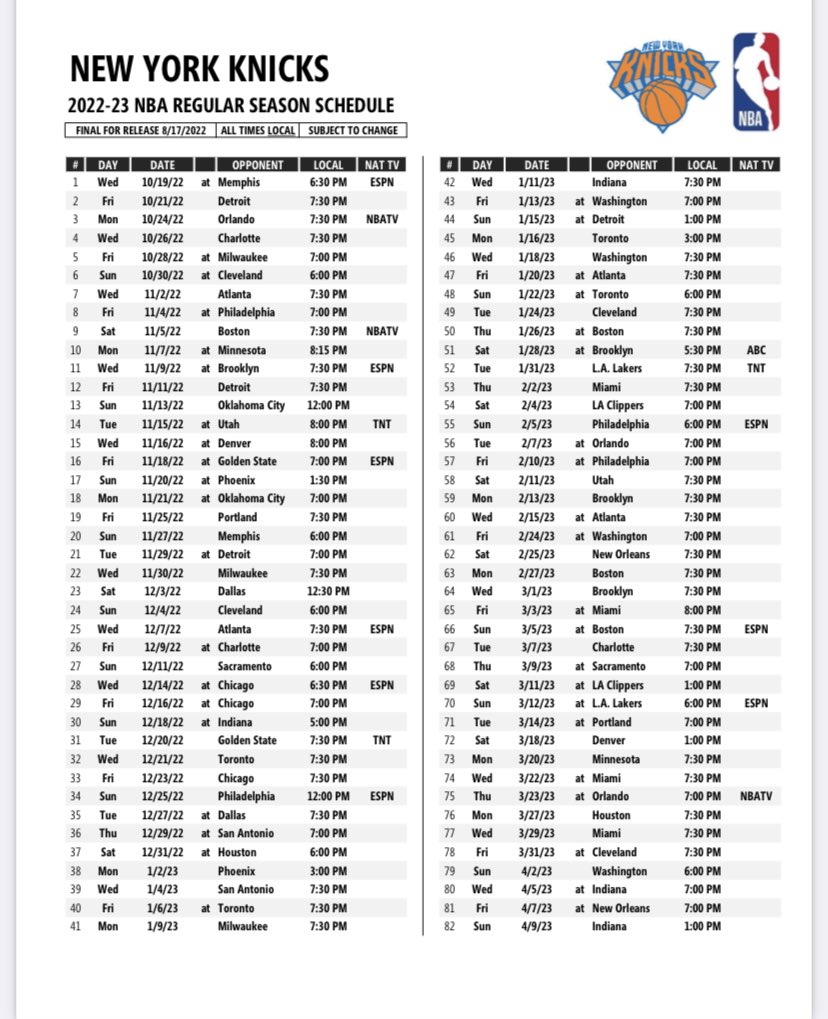 Steve Popper on Twitter "Here is the complete Knicks schedule https//t.co/1nPmn2whjn" / Twitter