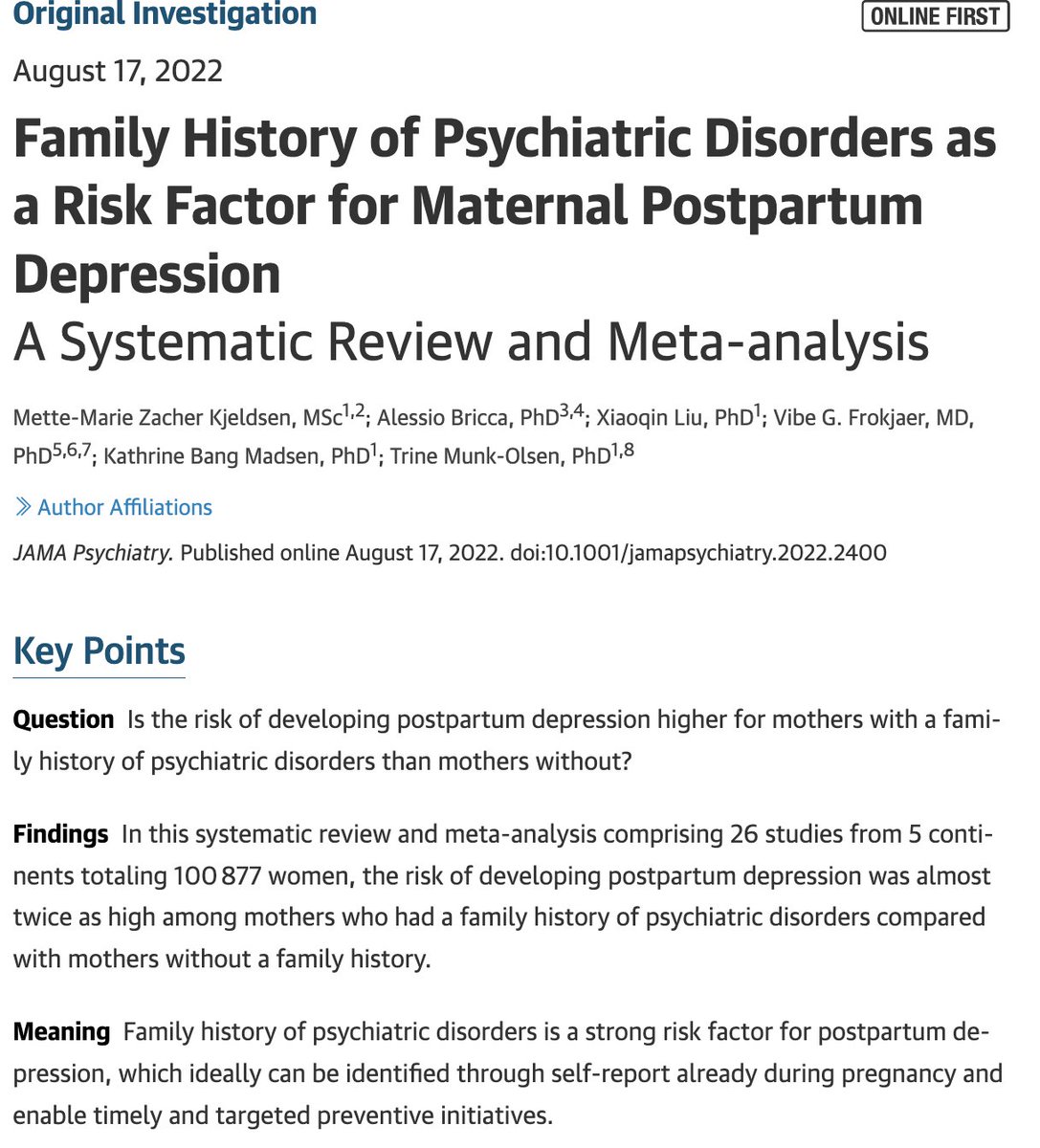 Alessio Bricca (@a_bricca) on Twitter photo So thrilled about this paper on <a href="/JAMAPsych/">JAMA Psychiatry</a> 👇
‼️On the other hand I'm sad because we found that family history of #psychiatric disorders is a strong risk factor for #postpartum #depression‼️
Kudos to <a href="/Mette_Zacher/">MetteZacher</a> for leading this work 👏
jamanetwork.com/journals/jamap… So thrilled about this paper on <a href="/JAMAPsych/">JAMA Psychiatry</a> 👇
‼️On the other hand I'm sad because we found that family history of #psychiatric disorders is a strong risk factor for #postpartum #depression‼️
Kudos to <a href="/Mette_Zacher/">MetteZacher</a> for leading this work 👏
jamanetwork.com/journals/jamap…