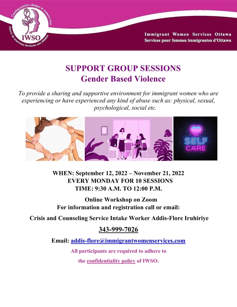 ImmigrantWomen's tweet photo. Beginning Sept. 12th, IWSO is hosting Support Group Sessions for women experiencing Gender Based Violence. Contact Addis to register.
#ViolenceAgainstWomen #immigrationsservices #feminism #domesticviolence #YouAreNotAlone #UnsafeatHomeOttawa #WeAreHereForYou #ottnews #ottcity https://t.co/Qhh5sBCLDe