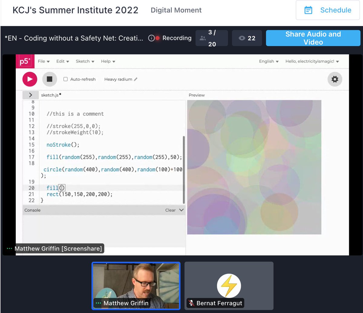 #KCJSummerInstitute #Digital2030 🎉
Coding without a Safety Net: creating algorithmic art with @matt_griffin 🤩
👉exploring parameters, variables, algorithms 
👉creative materials in digital art-making
@KidsCoding @_Digitalmoment
#IBMSkillsBuild <a href="/ISED_CA/">ISED</a> #DigitalEducation #Coding