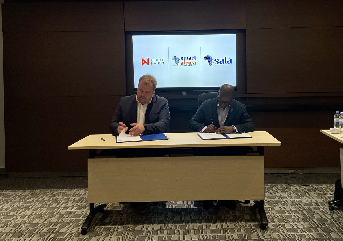 RealSmartAfrica's tweet photo. Today the Smart Africa secretariat and Digital Nation formalized the partnership to kick off the implementation stage of the first Smart Africa Trust Alliance (SATA) pilot. #sata #sas #digitalnationeu https://t.co/NcY4egRxQe