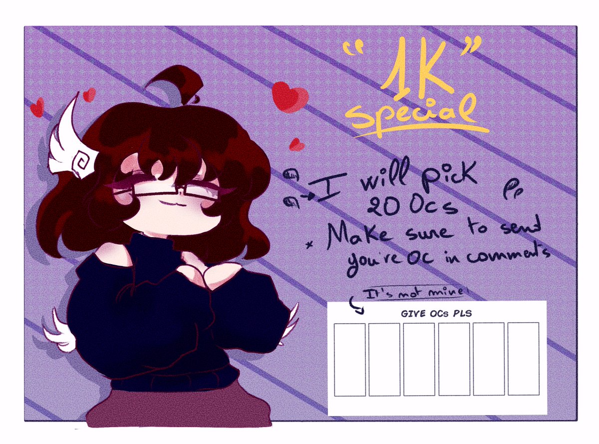 I forgot to make a raffle art for 1k special .
 So gimmie oc or sona ,i will try to pick people ocs that I haven't drawn before and good luck!!
Don't forget to follow the rules [Like + retweet + follow]
The image that i am gonna draw you're ocs in it belongs to @/franmm127