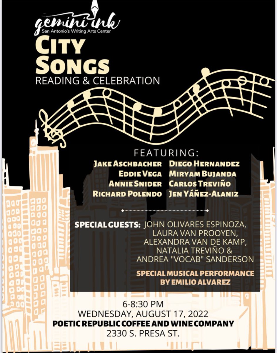 John’s poetry is honest and crafted and gentle and complex— but grounded in the hard earned quiet oceaof his multitudinous talents as an author and a listener. Honored to read with him and several others who are coming together tonight for #citysongs <a href="/ElTacolico/">Eddie Vega</a> <a href="/VocabSoFab/">Vocabulous</a>