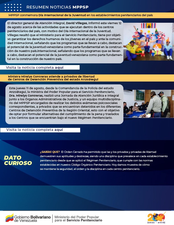mppsp_vzla's tweet photo. #ResumenMPPSP 📰 || Encuentra la información más destacada sobre las actividades y proyectos ejecutados por el Ministerio del Poder Popular para el Servicio Penitenciario.
#MaduroPuebloTrabajador https://t.co/TRjetfXOrK